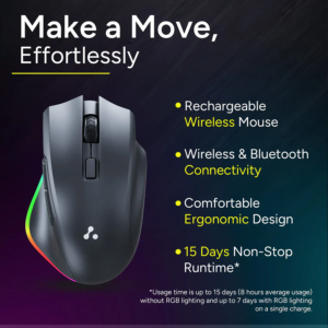 Ambrane SliQ Glow+ 2.4Ghz Rechargeable Wireless & BT Mouse With RGB Light